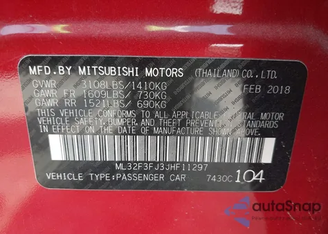 2018 Mitsubishi Mirage G4 Es from USA, damaged, VIN ML32F3FJ3JHF11297
